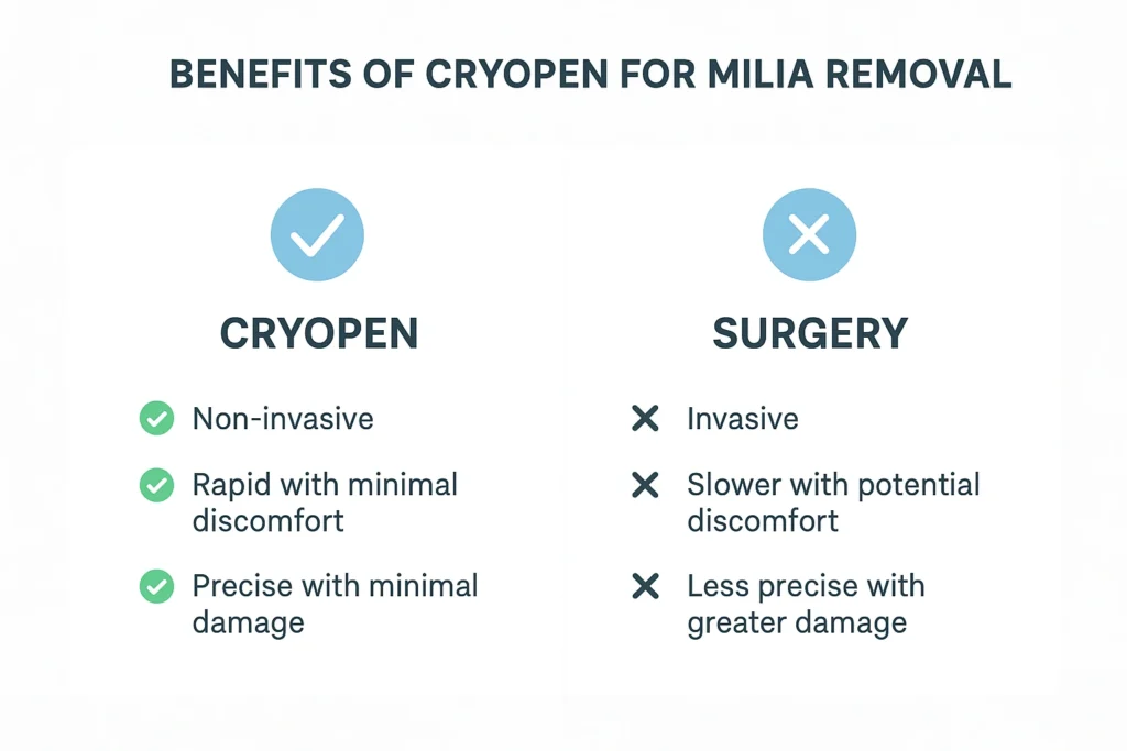 Benefits of cryopen for milia removal Lowestoft compared to surgical treatments.