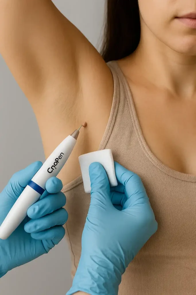 woman having cryopen to remove underarm skin tags Lowestoft