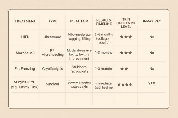 Table showing the comparisons of Skin tightening Lowestoft treatment options.